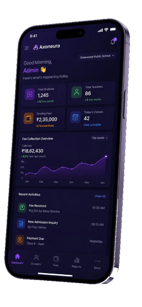 EduOpus school fee management app on mobile showing AutoPay dashboard